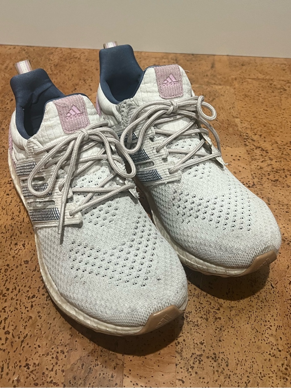 adidas Kids White Knit Sneakers with Pink and Navy Details